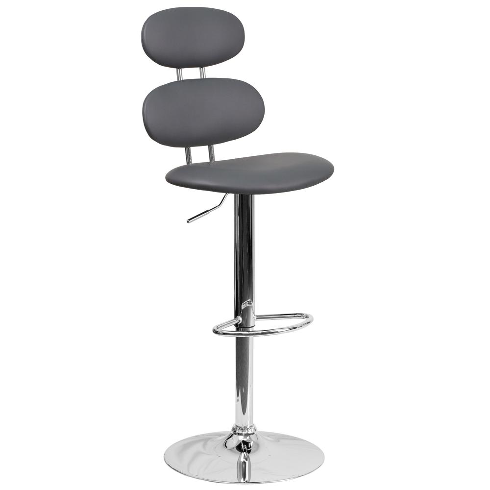 Contemporary Gray Vinyl Adjustable Height Barstool with Ellipse Back and Chrome Base