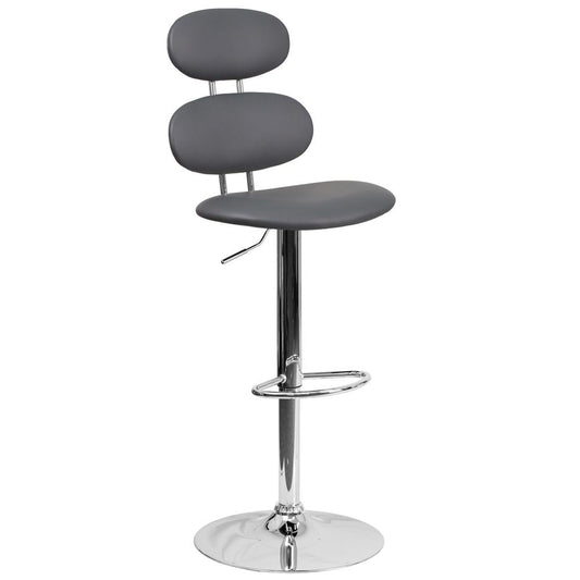 Contemporary Gray Vinyl Adjustable Height Barstool with Ellipse Back and Chrome Base