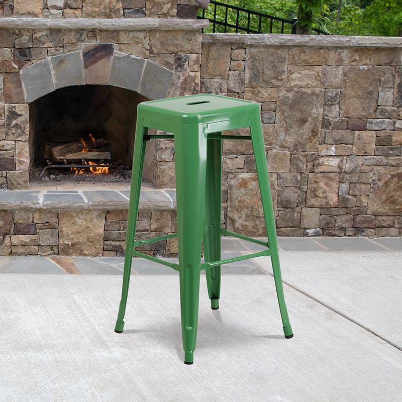Commercial Grade 30" High Backless Green Metal Indoor-Outdoor Barstool with Square Seat