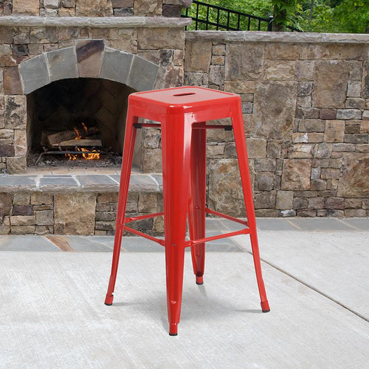 Commercial Grade 30" High Backless Red Metal Indoor-Outdoor Barstool with Square Seat