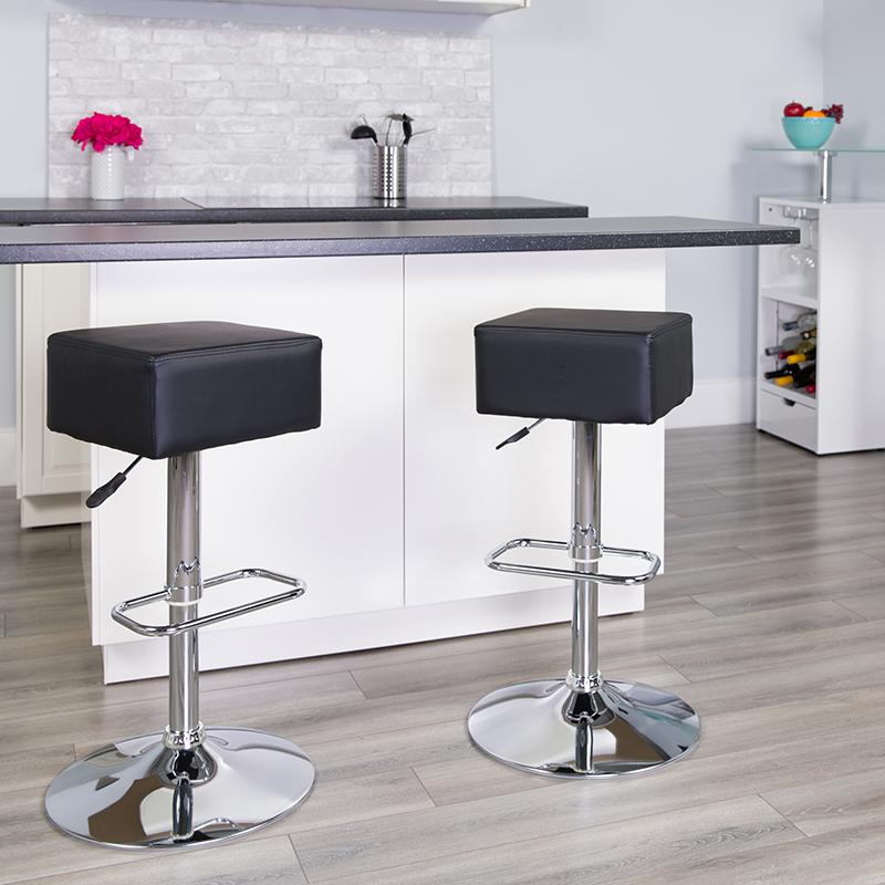 Contemporary Black Vinyl Adjustable Height Barstool with Square Seat and Chrome Base