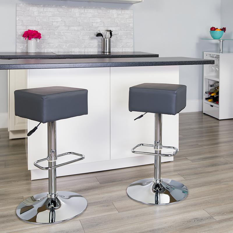Gray Vinyl Adjustable Height Barstool with Square Seat and Chrome Base