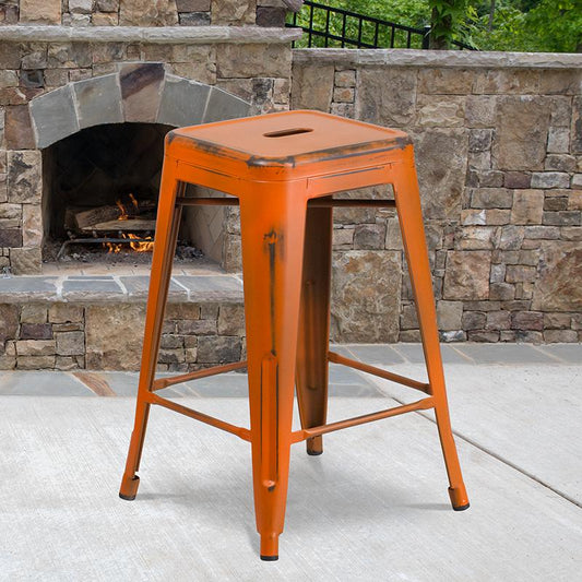 Commercial Grade 24" High Backless Distressed Orange Metal Indoor-Outdoor Counter Height Stool