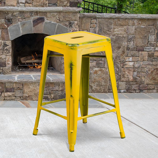 Commercial Grade 24" High Backless Distressed Yellow Metal Indoor-Outdoor Counter Height Stool