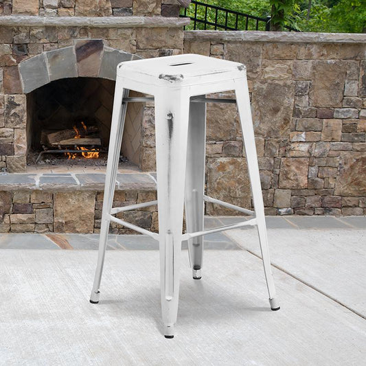 Commercial Grade 30" High Backless Distressed White Metal Indoor-Outdoor Barstool