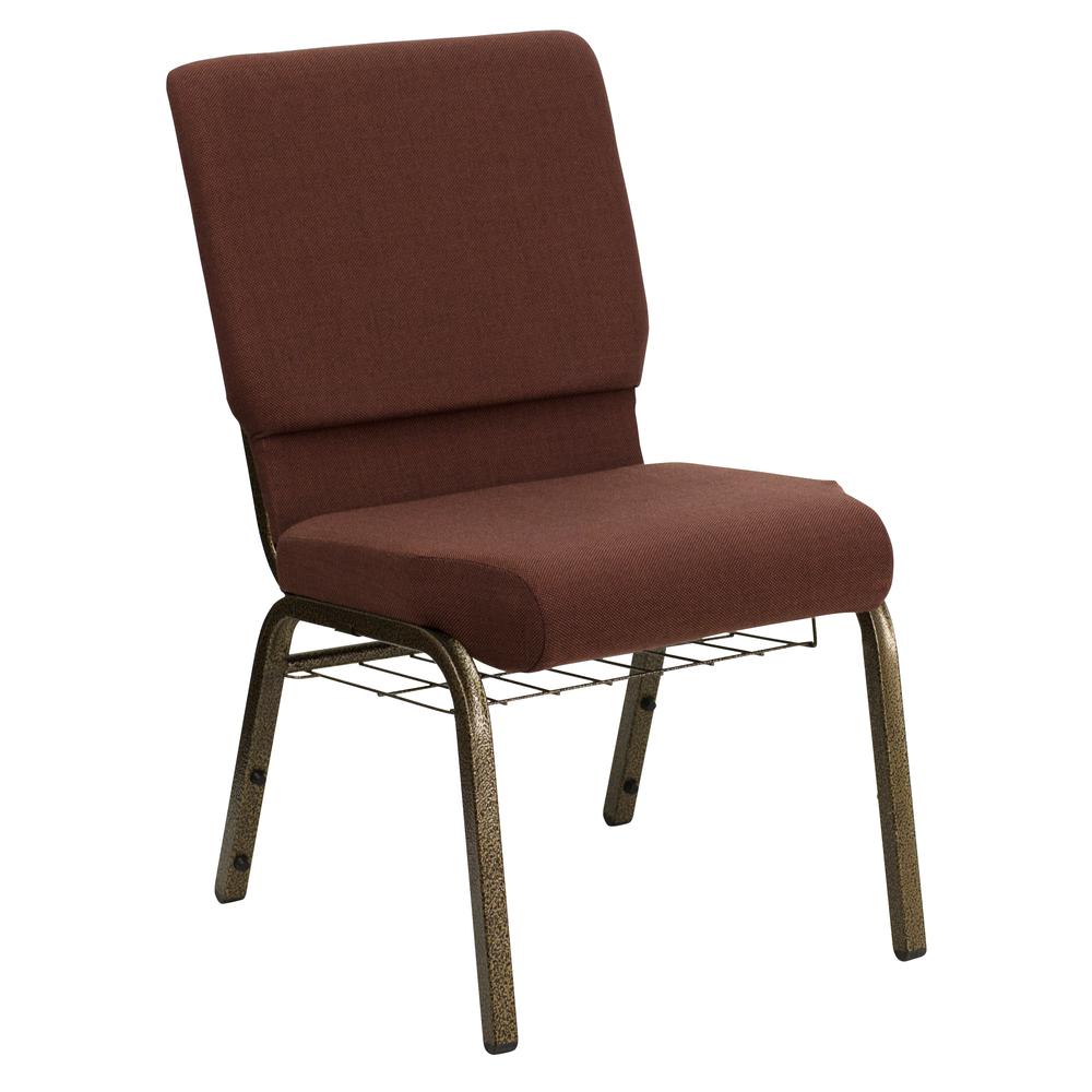 HERCULES Series 18.5''W Church Chair in Brown Fabric with Cup Book Rack - Gold Vein Frame