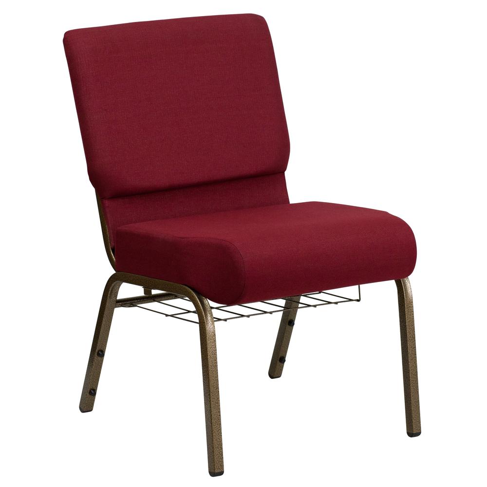 HERCULES Series 21''W Church Chair in Burgundy Fabric with Cup Book Rack - Gold Vein Frame