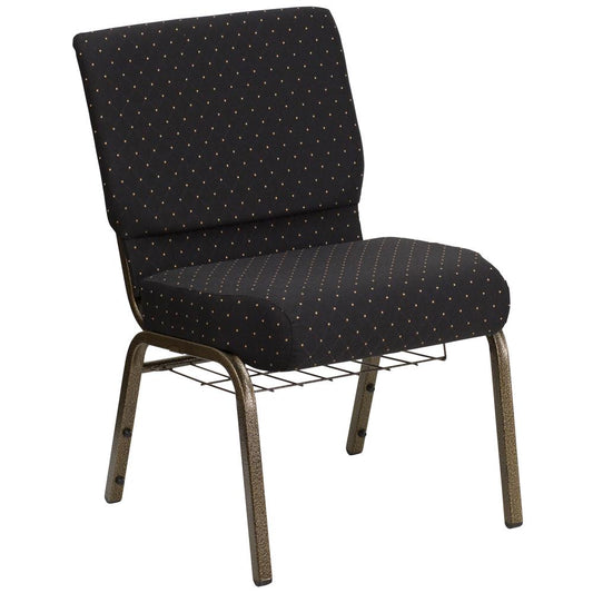 HERCULES Series 21''W Church Chair in Black Dot Patterned Fabric with Cup Book Rack - Gold Vein Frame