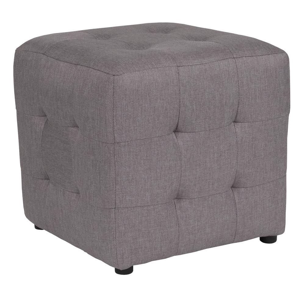 Grid Tufted Upholstered Cube Ottoman Pouf in Light Gray Fabric