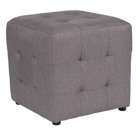Grid Tufted Upholstered Cube Ottoman Pouf in Light Gray Fabric