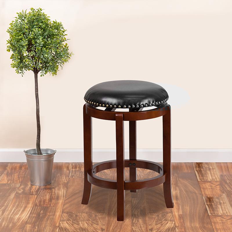 24'' High Backless Light Cherry Wood Counter Height Stool with Black LeatherSoft Swivel Seat