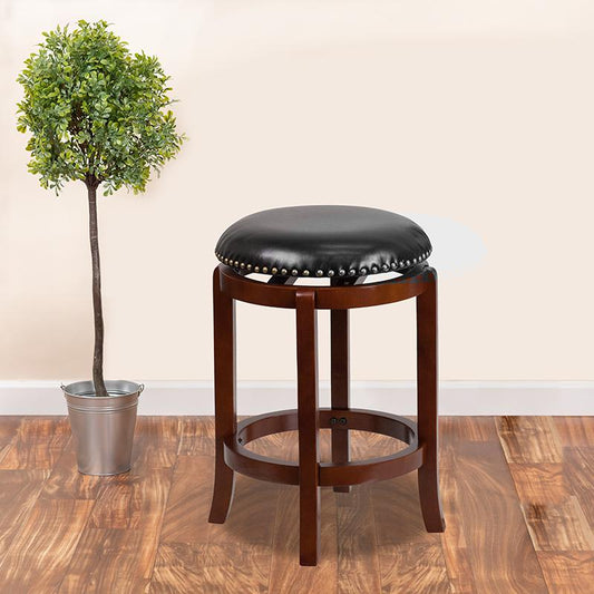 24'' High Backless Light Cherry Wood Counter Height Stool with Black LeatherSoft Swivel Seat