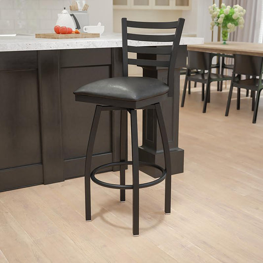 HERCULES Series Black Ladder Back Swivel Metal Barstool - Black Vinyl Seat