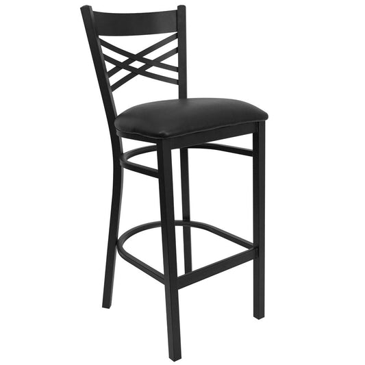 HERCULES Series Black ''X'' Back Metal Restaurant Barstool - Black Vinyl Seat