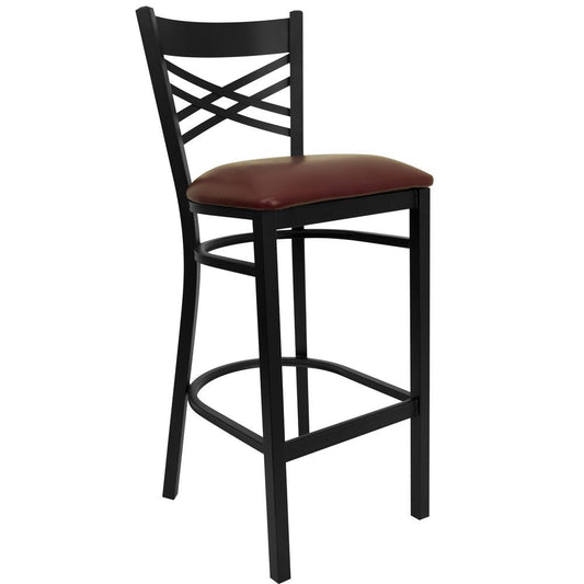 HERCULES Series Black ''X'' Back Metal Restaurant Barstool - Burgundy Vinyl Seat