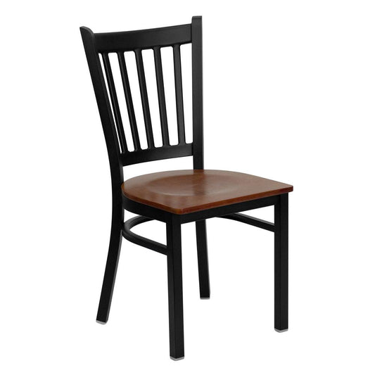 HERCULES Series Black Vertical Back Metal Restaurant Chair - Cherry Wood Seat