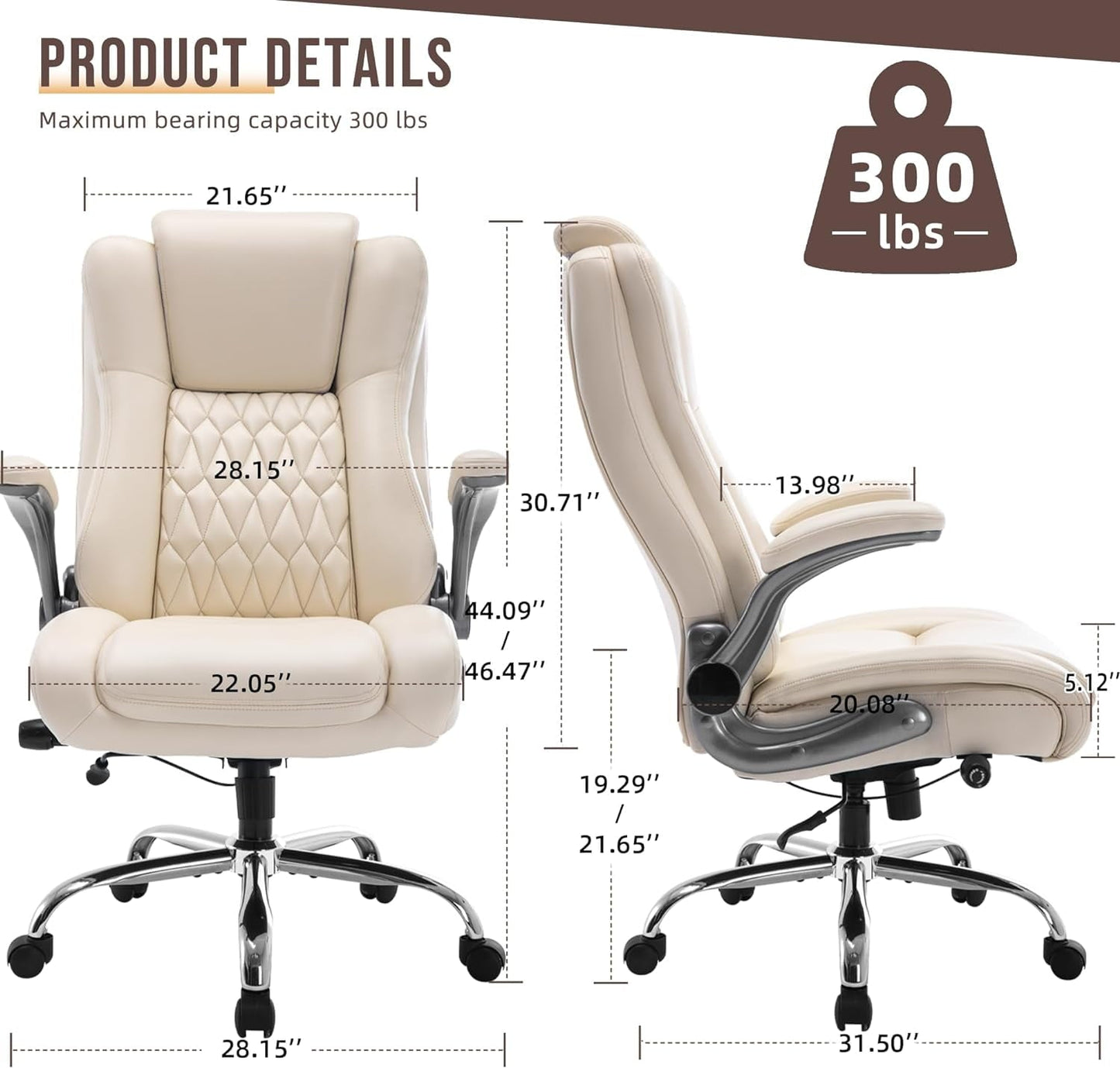 High Back Office Chair with Flip-up Armrests - Lifting Headrest, Built-in Adjustable Lumbar Support, Comfortable Home Office Chair, Executive Office Chair, Ergonomic Design, Sturdy Metal Base