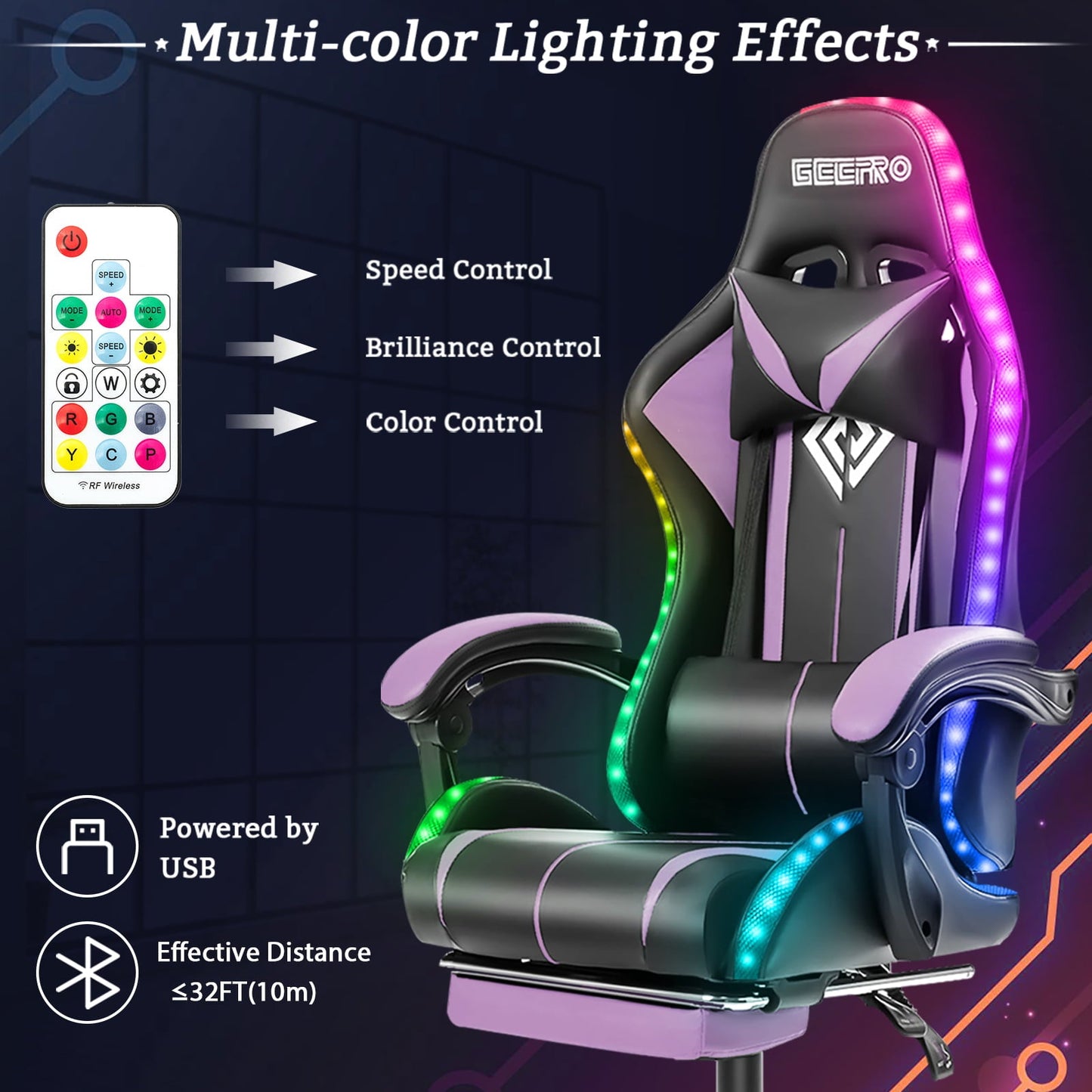 450LBS Load RGB Lighted Massage Gaming Chair, High Back Computer Chair with Footrest and Lumbar Support, Height Adjustable Gaming Chair with 360 Degree Swivel Seat and Headrest for Boys Girls Gaming