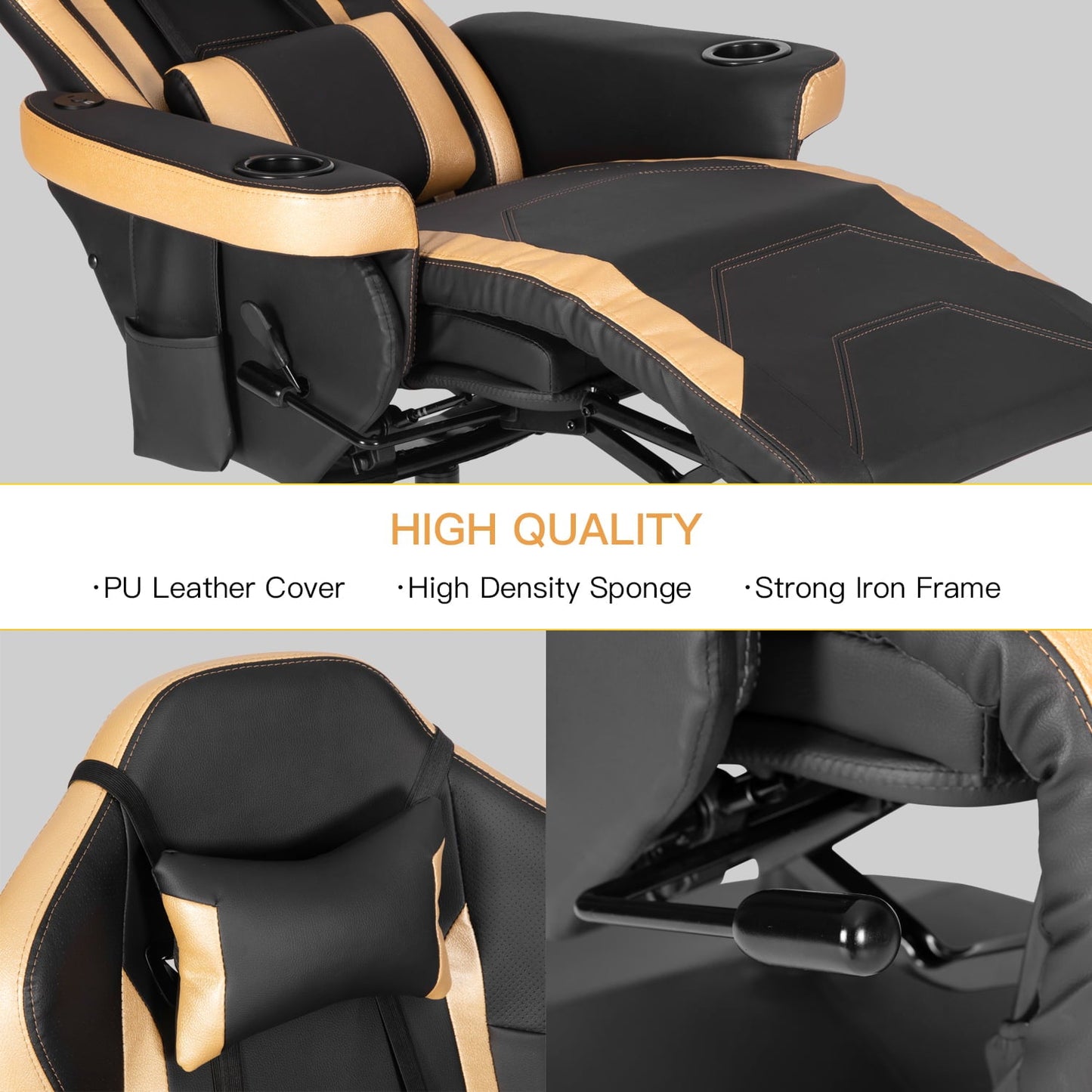 Gaming Chair Massage Ergonomic High Back Swivel Recliner Office Computer Chair with Bluetooth Speakers, Cupholder, Headrest, Lumbar Support, Adjustable Backrest and Footrest, Black Gold
