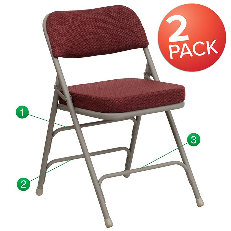 2 Pk. HERCULES Series Premium Curved Triple Braced & Double Hinged Burgundy Fabric Metal Folding Chair