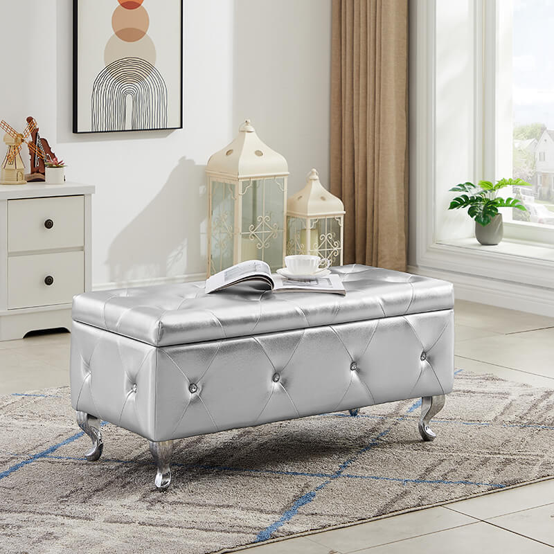 38.2" Silver PU Leather Upholstered Storage Ottoman Bench with Safety Hinge