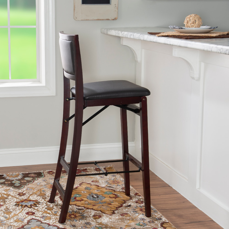 Espresso Finish Folding Padded Bar Stool with Dark Brown PVC Fabric