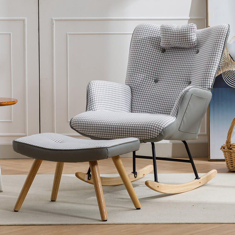 35.5 Wingback Glider Rocking Chair with Solid Wood Base - Light Grey Check