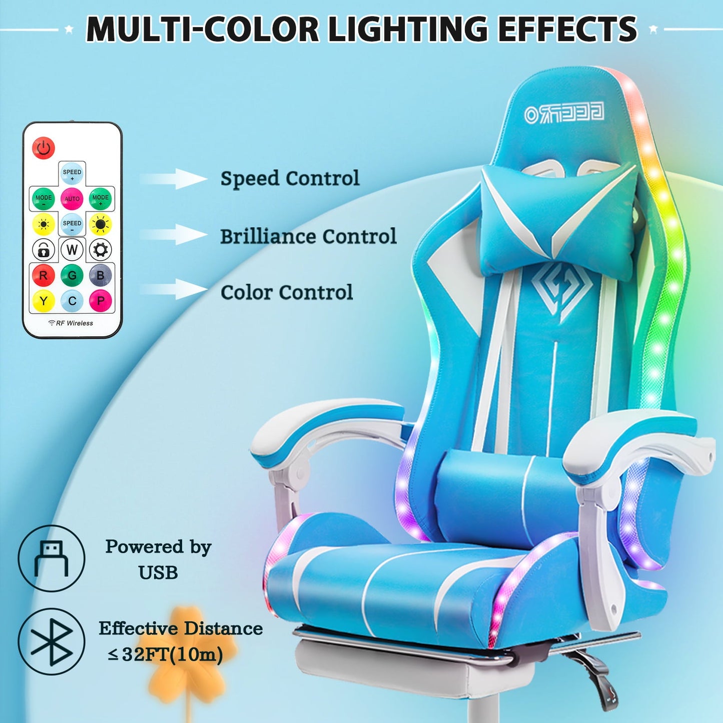450LBS Load RGB Lighted Massage Gaming Chair, High Back Computer Chair with Footrest and Lumbar Support, Height Adjustable Gaming Chair with 360 Degree Swivel Seat and Headrest for Boys Girls Gaming