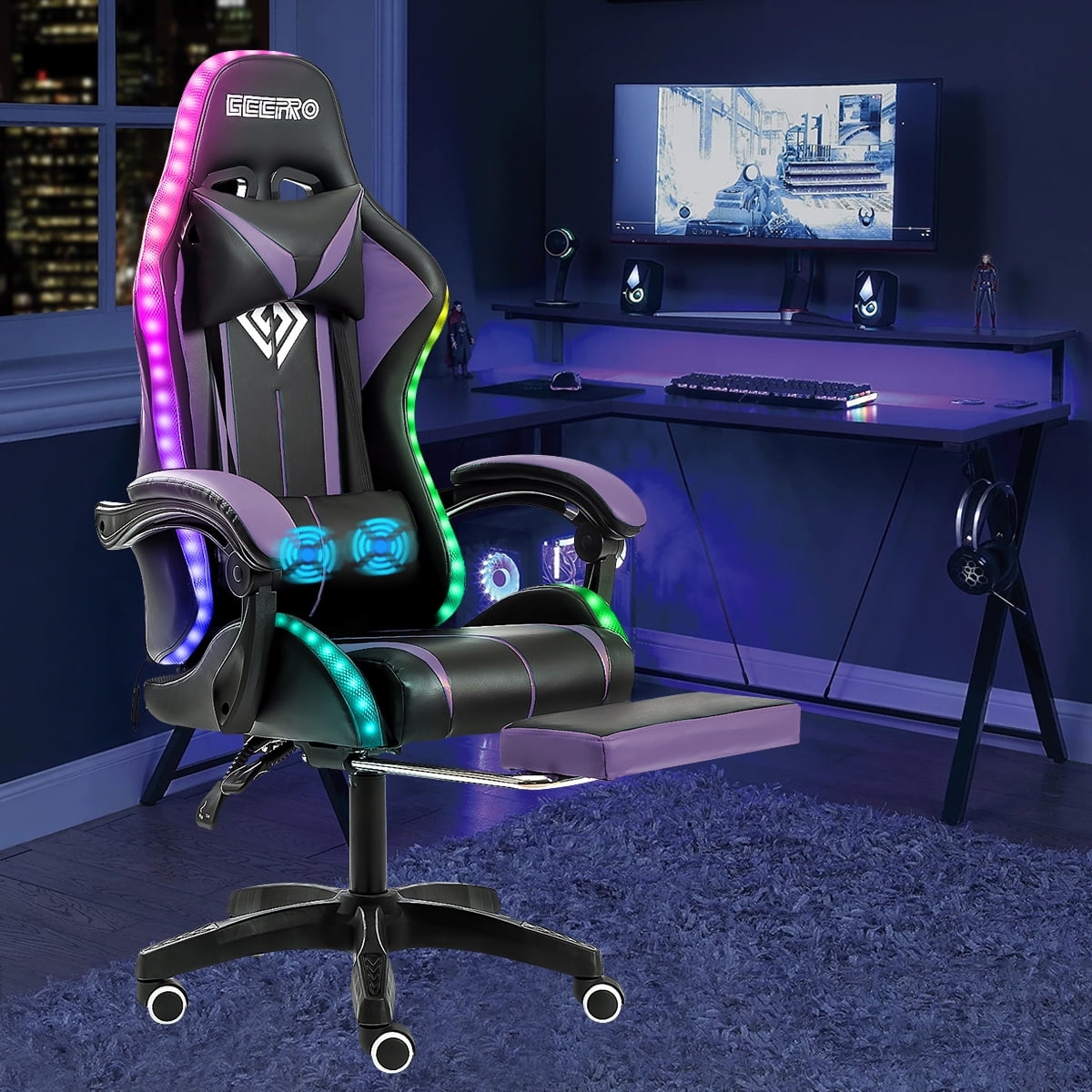 450LBS Load RGB Lighted Massage Gaming Chair, High Back Computer Chair with Footrest and Lumbar Support, Height Adjustable Gaming Chair with 360 Degree Swivel Seat and Headrest for Boys Girls Gaming