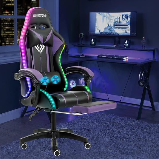 450LBS Load RGB Lighted Massage Gaming Chair, High Back Computer Chair with Footrest and Lumbar Support, Height Adjustable Gaming Chair with 360 Degree Swivel Seat and Headrest for Boys Girls Gaming