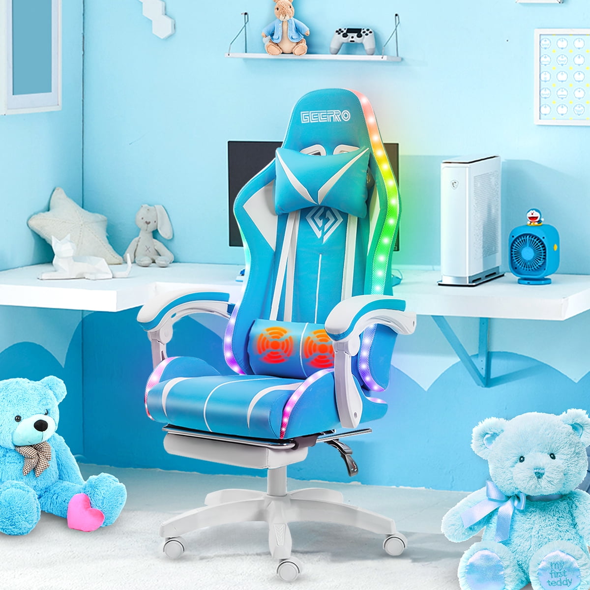 450LBS Load RGB Lighted Massage Gaming Chair, High Back Computer Chair with Footrest and Lumbar Support, Height Adjustable Gaming Chair with 360 Degree Swivel Seat and Headrest for Boys Girls Gaming