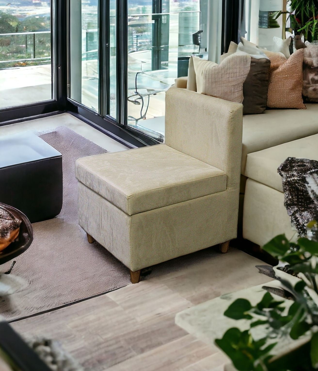 29" Mod Taupe Cream Microfiber Armless Accent Chair with Storage