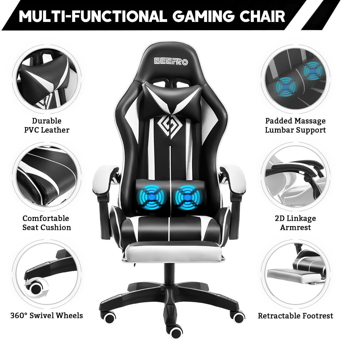 450lbs Massage Gaming Chair PC Office Chair with Massage Lumbar and Footrest, Linkage Armrest, High Back Ergonomic Desk Chair Ergonomic PU Leather Executive Computer Chair Lumbar Support for Women Men