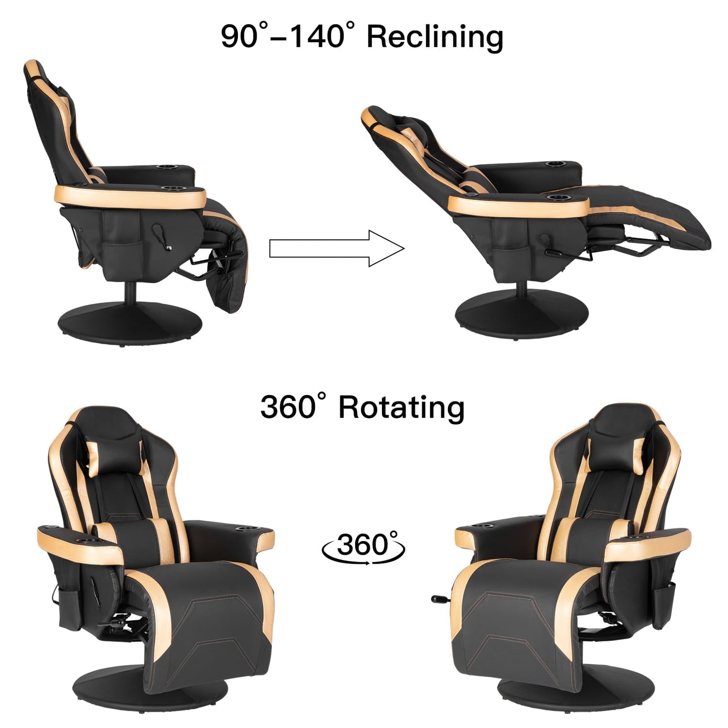 Gaming Chair Massage Ergonomic High Back Swivel Recliner Office Computer Chair with Bluetooth Speakers, Cupholder, Headrest, Lumbar Support, Adjustable Backrest and Footrest, Black Gold