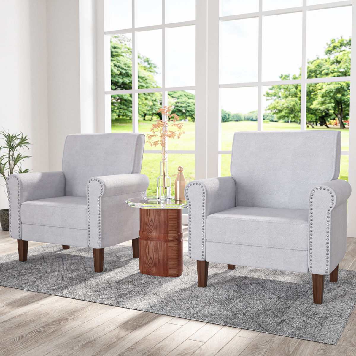 Set of 2 Accent Chairs Mid Centruy Living Room Chairs Fabric Modern Tufted Back Fabric Arm Chair Single Sofa Vintage Club Seat for Living Room Furniture > Chairs > Arm Chairs, Recliners & Sleeper Chairs SINGES Light Gray