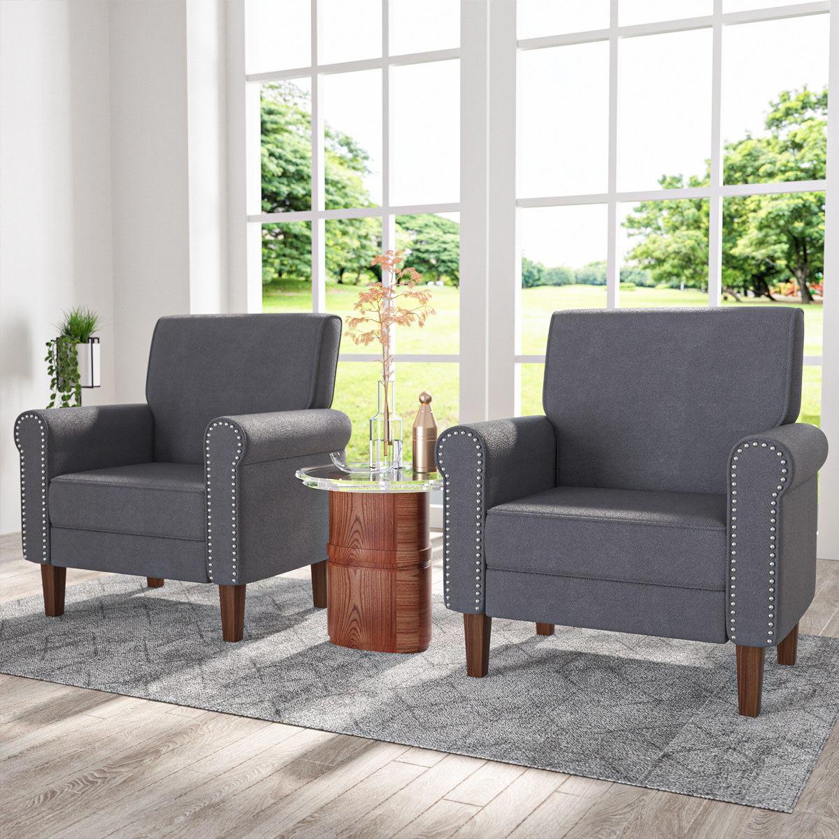 Set of 2 Accent Chairs Mid Centruy Living Room Chairs Fabric Modern Tufted Back Fabric Arm Chair Single Sofa Vintage Club Seat for Living Room Furniture > Chairs > Arm Chairs, Recliners & Sleeper Chairs SINGES Gray