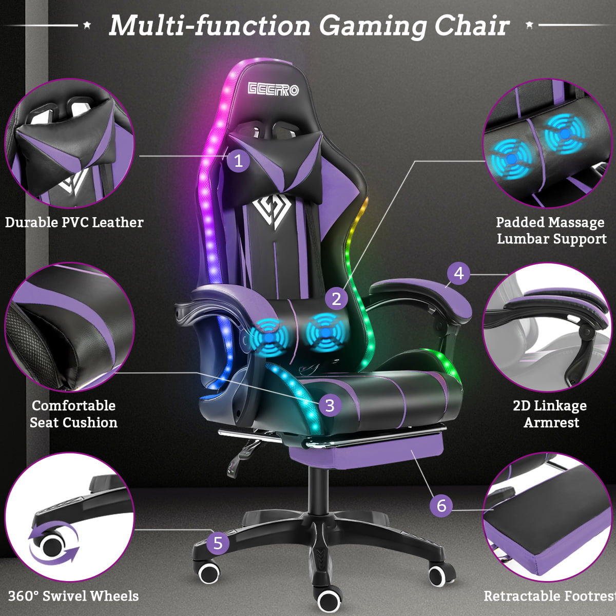 450LBS Load RGB Lighted Massage Gaming Chair, High Back Computer Chair with Footrest and Lumbar Support, Height Adjustable Gaming Chair with 360 Degree Swivel Seat and Headrest for Boys Girls Gaming
