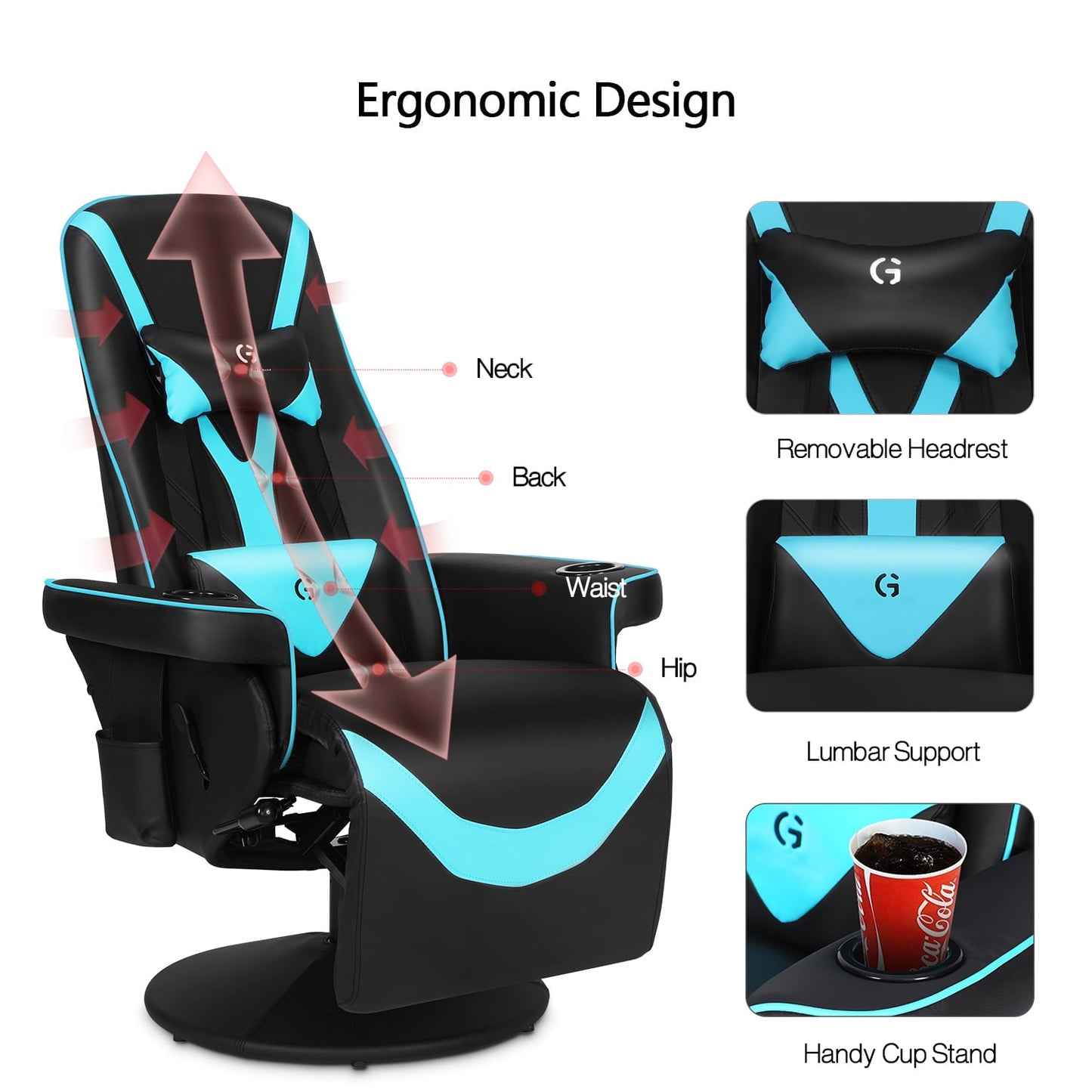 G-ROCKER Queen Throne Video Gaming Chair Ergonomic Recliner Racing Chair, High Back Swivel Chair with Footrest and Adjustable Backrest, Lumbar Support, Headrest and Cupholders, Black Blue