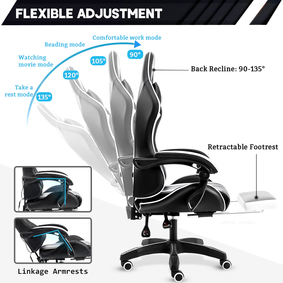 450lbs Massage Gaming Chair PC Office Chair with Massage Lumbar and Footrest, Linkage Armrest, High Back Ergonomic Desk Chair Ergonomic PU Leather Executive Computer Chair Lumbar Support for Women Men