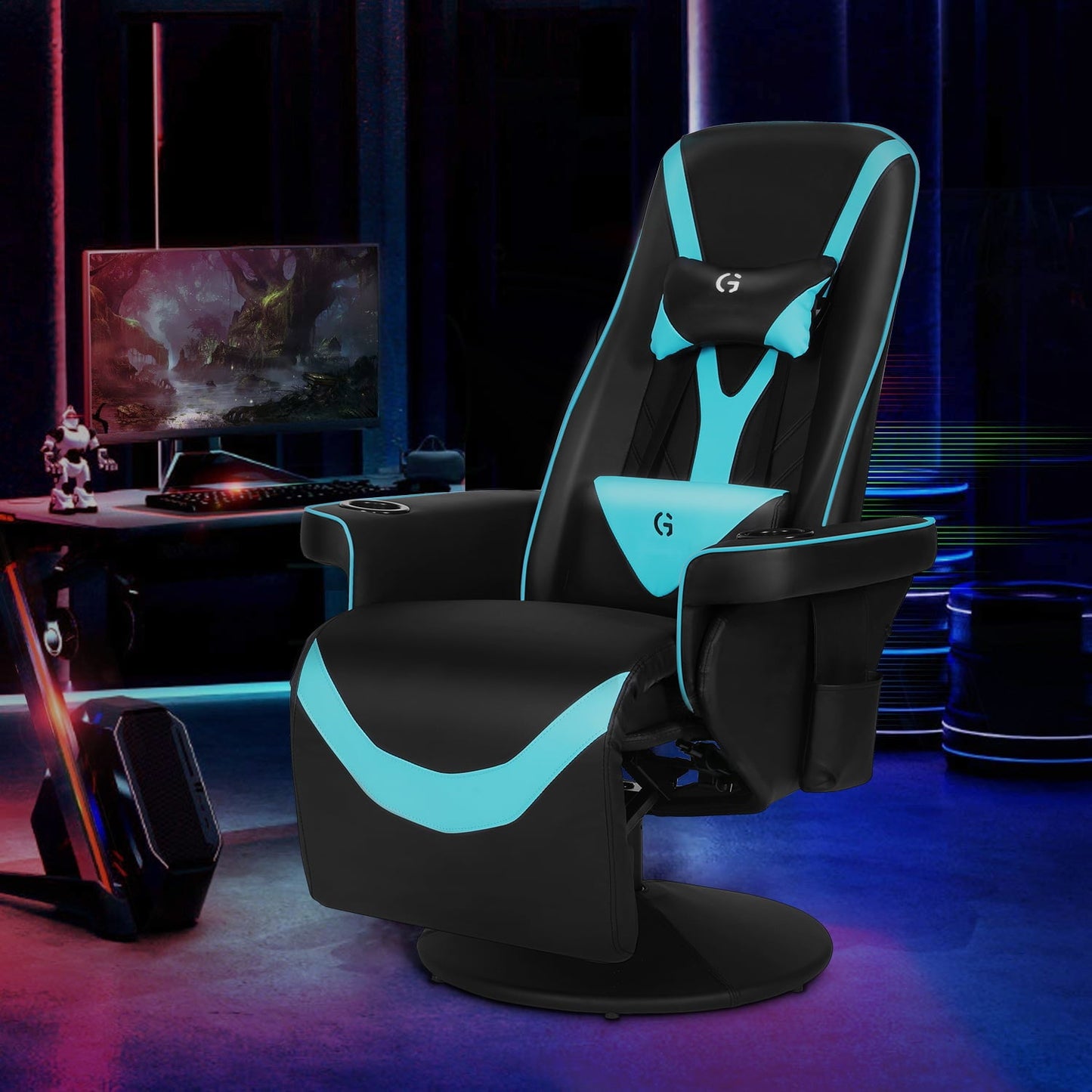 G-ROCKER Queen Throne Video Gaming Chair Ergonomic Recliner Racing Chair, High Back Swivel Chair with Footrest and Adjustable Backrest, Lumbar Support, Headrest and Cupholders, Black Blue