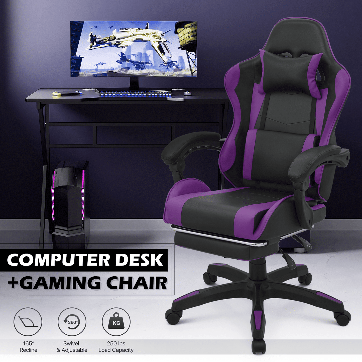 MoNiBloom Portable Standing Laptop Table with Host Rack and Ergonomic Gaming Chair with Footrest Recliner for Home Office