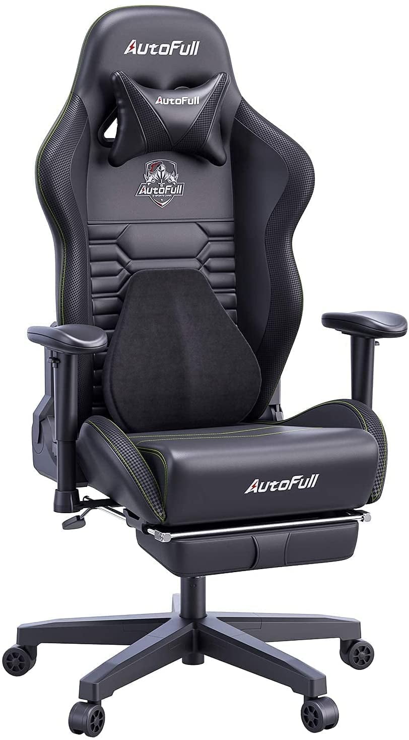 AutoFull Gaming Office Desk Ergonomic Lumbar Support, Racing Style PU Leather PC High Back Adjustable Swivel Task Chair with Footrest£¬Black