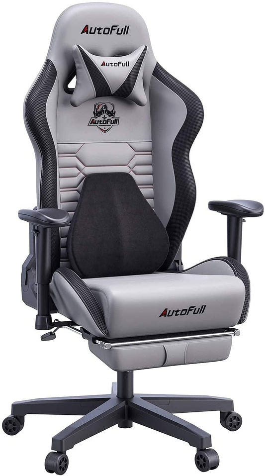 AutoFull Gaming Office Desk Ergonomic Lumbar Support, Racing Style PU Leather PC High Back Adjustable Swivel Task Chair with Footrest£¬Grey