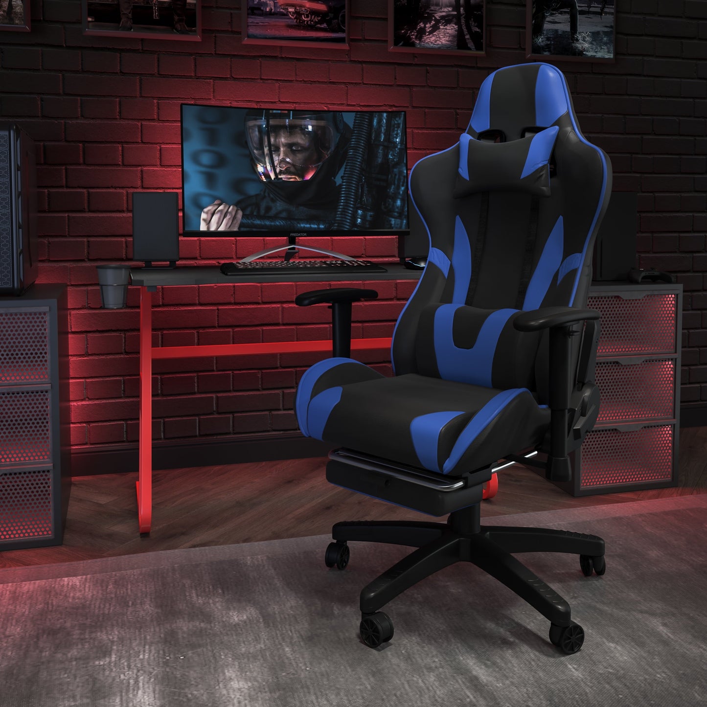 BizChair X30 Gaming Chair Racing Office Ergonomic Computer Chair with Fully Reclining Back and Slide-Out Footrest in Blue LeatherSoft