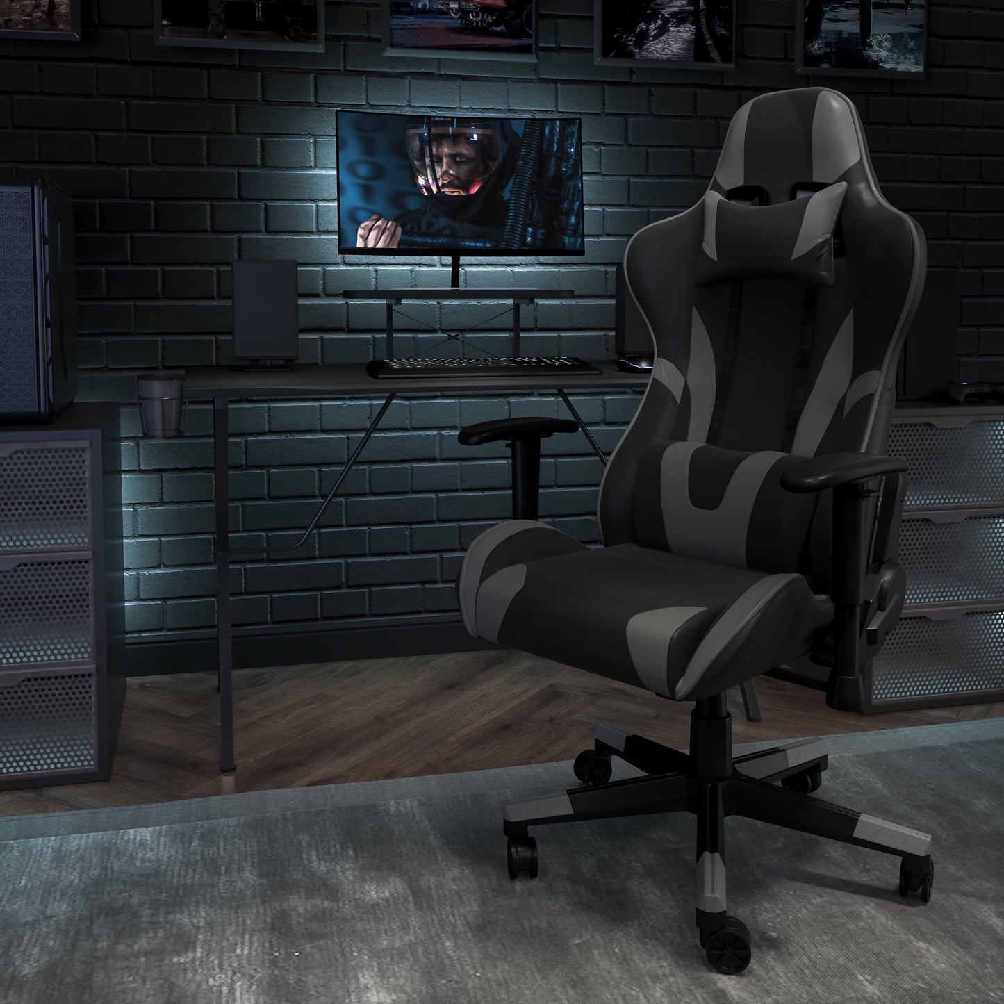BizChair X30 Gaming Chair Racing Office Ergonomic Computer Chair with Fully Reclining Back and Slide-Out Footrest in Gray LeatherSoft