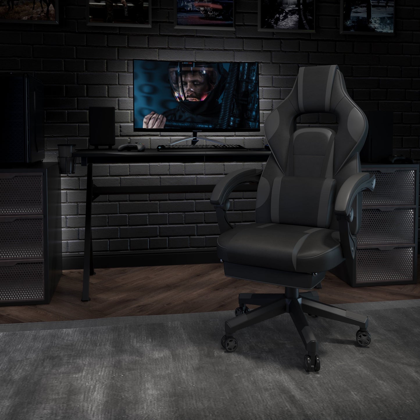 BizChair X40 Gaming Chair Racing Ergonomic Computer Chair with Fully Reclining Back/Arms, Slide-Out Footrest, Massaging Lumbar - Black/Gray