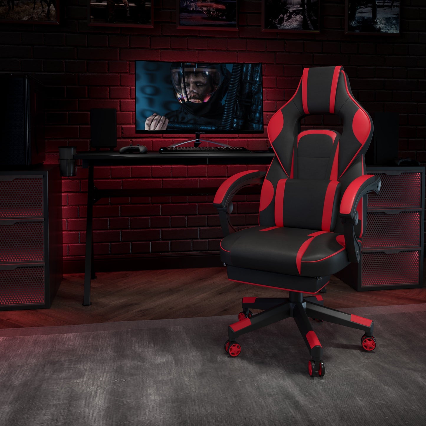BizChair X40 Gaming Chair Racing Ergonomic Computer Chair with Fully Reclining Back/Arms, Slide-Out Footrest, Massaging Lumbar - Red