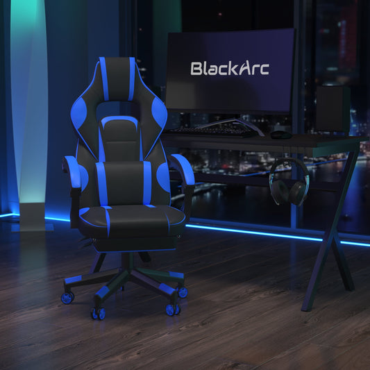 BlackArc Gaming Chair Outfitted With Footrest, Headrest, Lumbar Support Massage Pillow, Reclining Seat/Arms In Black & Blue