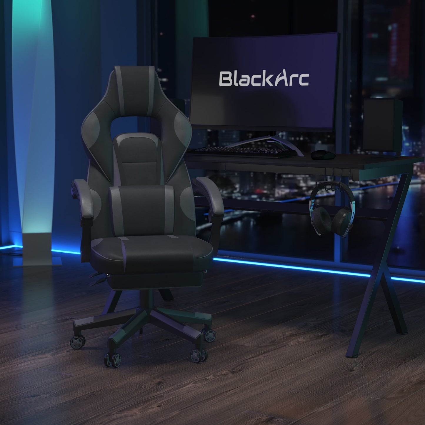 BlackArc Gaming Chair Outfitted With Footrest, Headrest, Lumbar Support Massage Pillow, Reclining Seat/Arms In Black & Gray