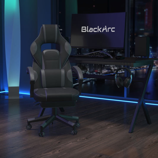 BlackArc Gaming Chair Outfitted With Footrest, Headrest, Lumbar Support Massage Pillow, Reclining Seat/Arms In Black & Gray